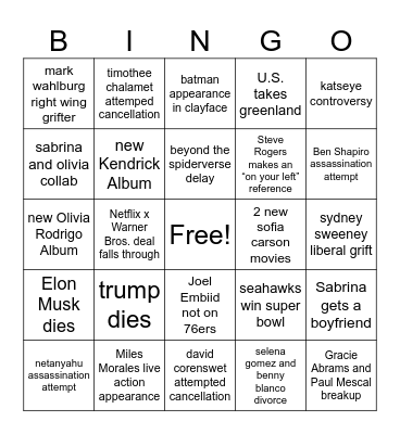 2026 Pop Culture Bingo Card