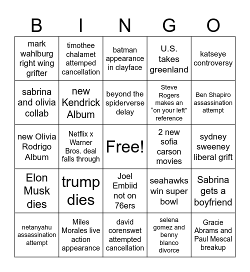 2026 Pop Culture Bingo Card