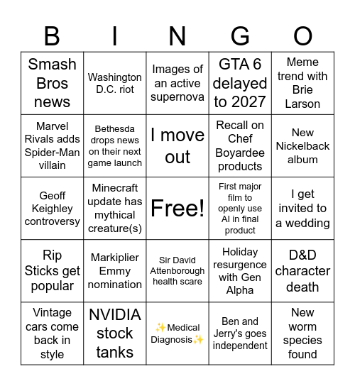 2026 Predictions Bingo Card