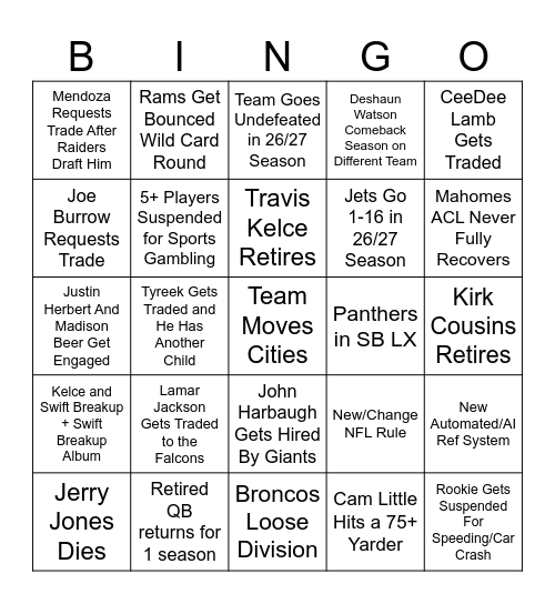2026/27 NFL Bingo Card