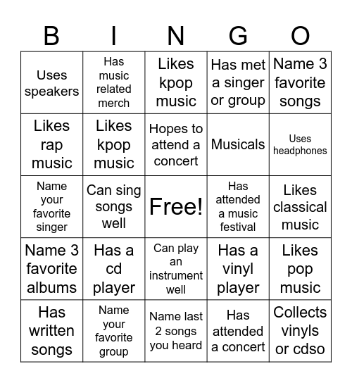 Music Bingo Card