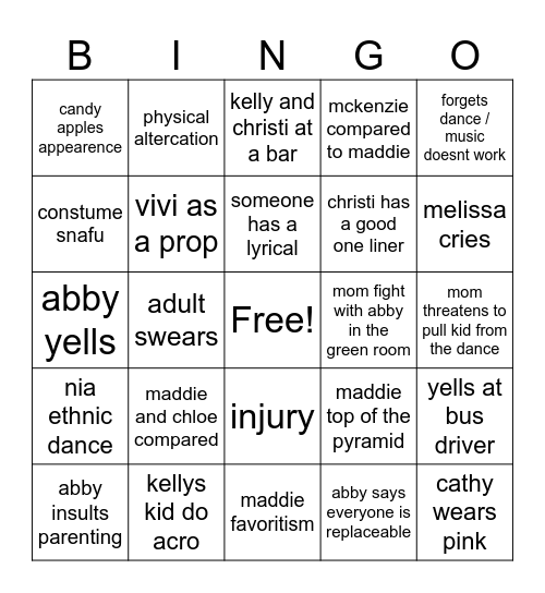 dance moms Bingo Card