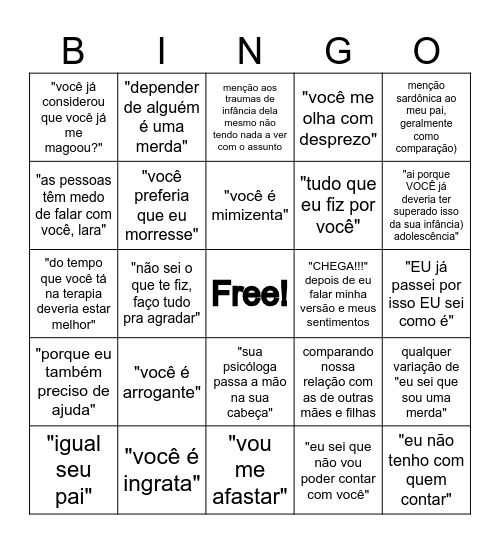 conflito com mamãe 🤩 Bingo Card