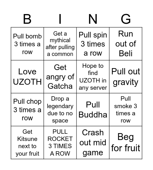 ROLL A GATCHA Bingo Card