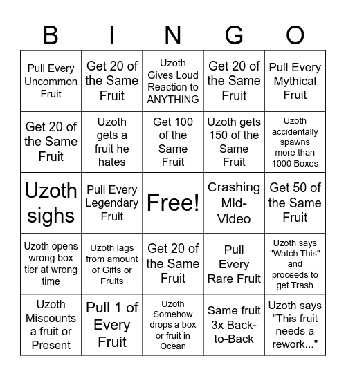 Uzoth Gift Opening Bingo 2025 Bingo Card