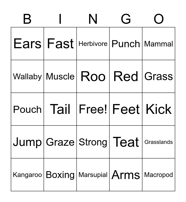 Kangaroo Bingo Card