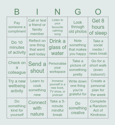 Wellbeing Bingo Card