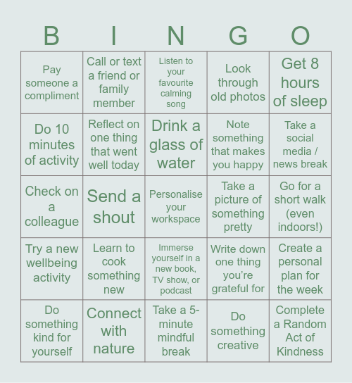Wellbeing Bingo Card