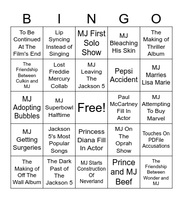Michael Movie Predictions Bingo Card