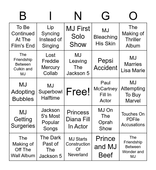 Michael Movie Predictions Bingo Card