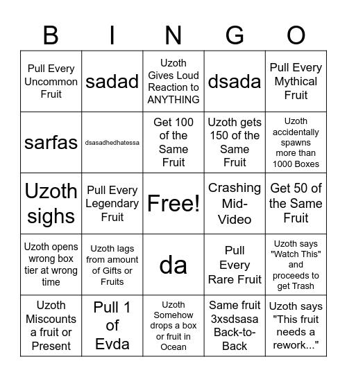 Uzoth Gift Opening Bingo 2025 Bingo Card