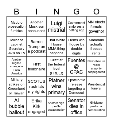 US Politics 2026 Bingo Card