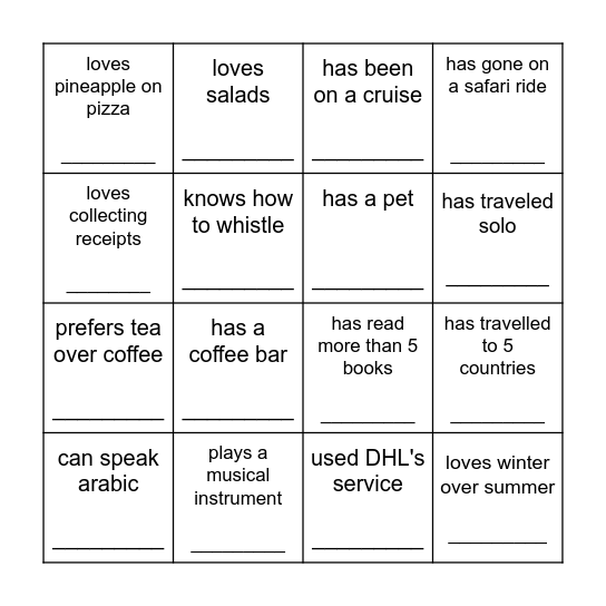 Get to know each other! Bingo Card