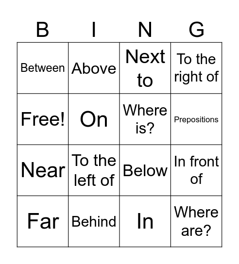 Preposition Bingo Card
