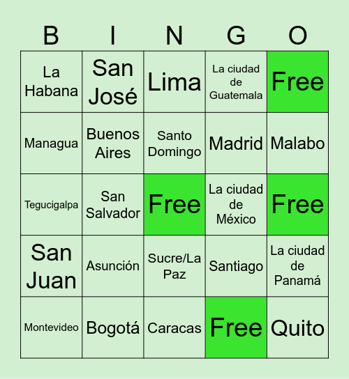 Spanish-Speaking Countries - Capitals Bingo Card