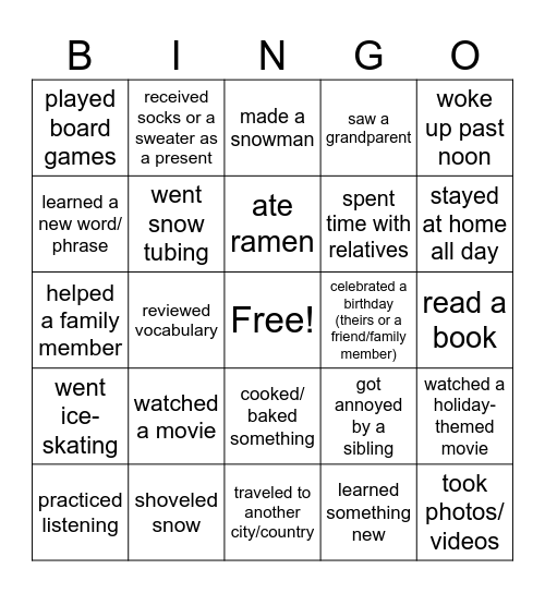Winter Break Human Bingo: Find Someone Who Bingo Card