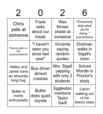 NBHS/GHAA New Year Bingo Card