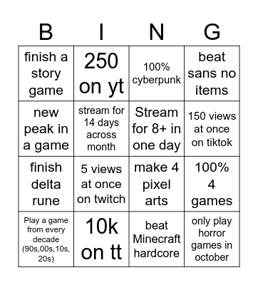 Stream bingo board Bingo Card