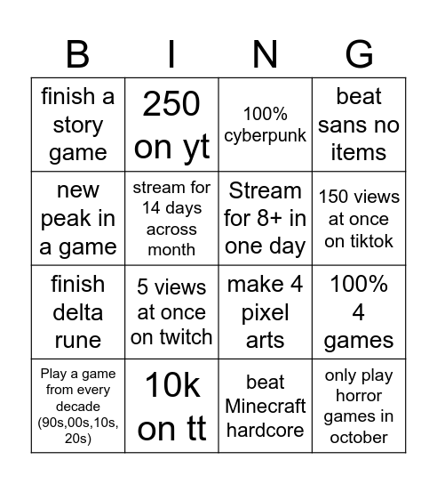 Stream bingo board Bingo Card