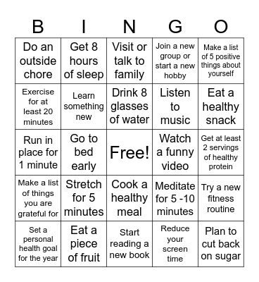 Health and Wellness Bingo Card