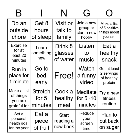 Health and Wellness Bingo Card