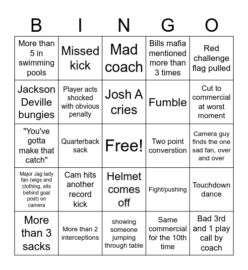 Jags Vs Bills Bingo Card