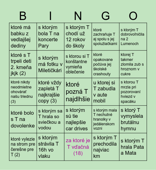 Nájdi dievča, Bingo Card