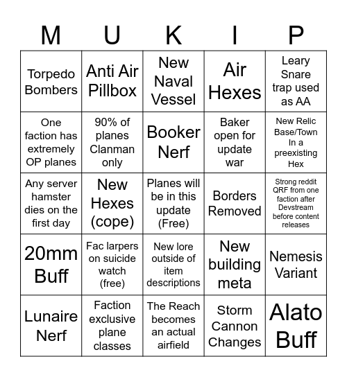 Foxhole Airborne Bingo Card