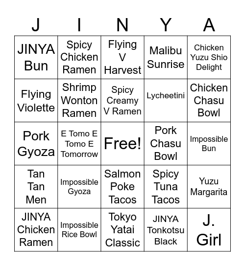 JINYA Menu Bingo Card