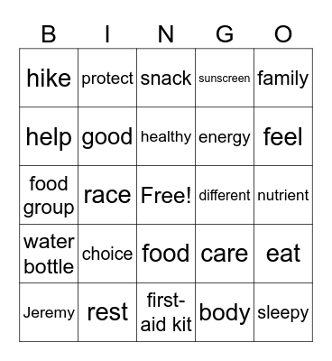 Healthy Choices for Your Body Bingo Card