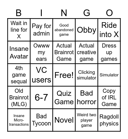 Roblox Brainrot Bingo Card