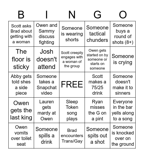 Night Out Bingo Card