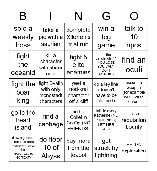 genshin lockout Bingo Card