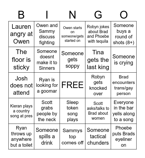 Night Out Bingo Card