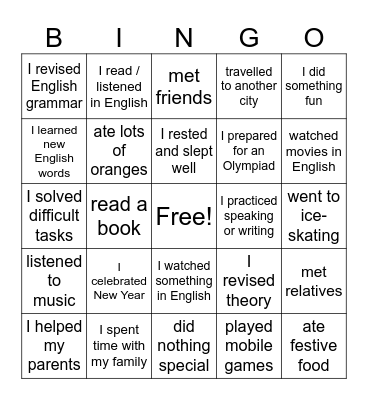 Winter Holidays Bingo Card