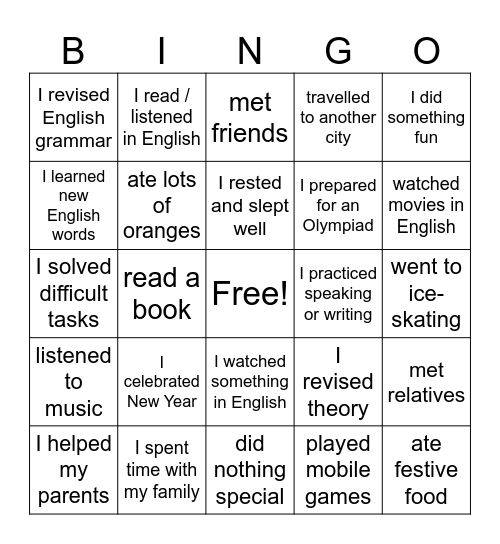Winter Holidays Bingo Card
