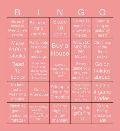 New Years Bingo Card