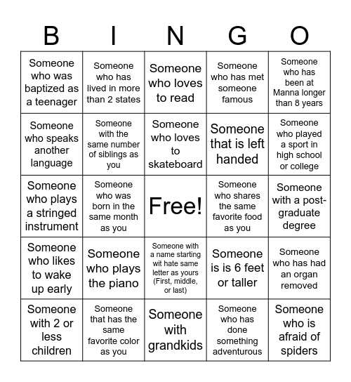 Get To Know You Bingo Card