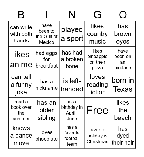 High School Get-to-Know Bingo Card