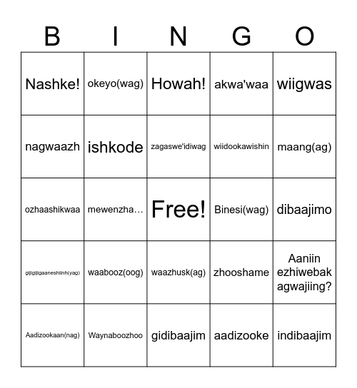 Ojibwe Winter Storytelling Bingo Card