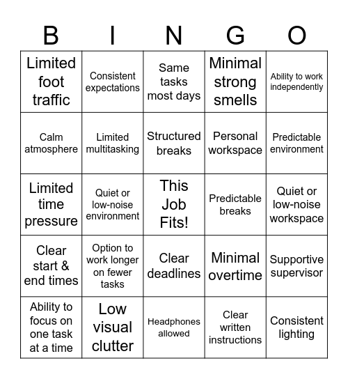 Good Fit Job BINGO Card