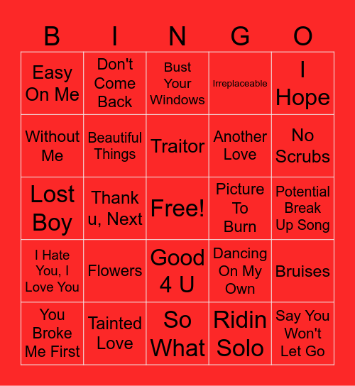 Break-Up Anthems Bingo Card