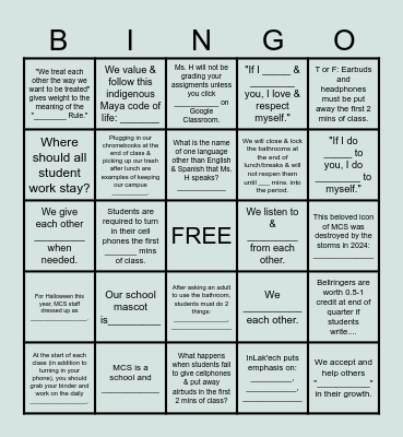 MCS Community Agreements 2025-2026 Bingo Card