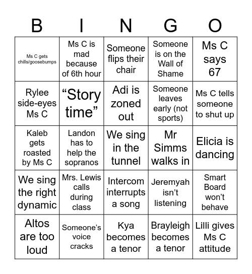 Concert Choir Bingo Card