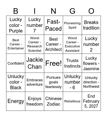Year of the Fire Horse Bingo Card
