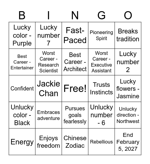 Year of the Fire Horse Bingo Card