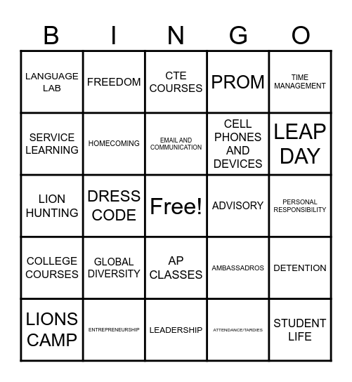 WSCS JUMP UP to HS Bingo Card