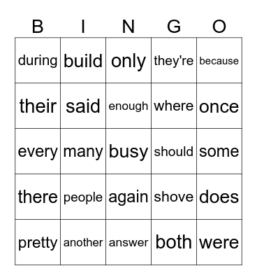 Sight Words Bingo Card