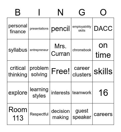 Career Exploration Bingo Card