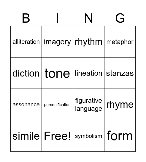 Intro to Poetry Bingo Card